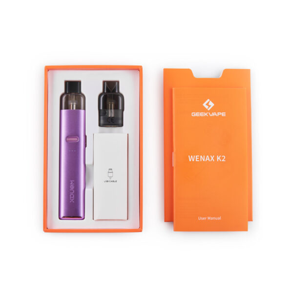 GeekVape Wenax K2 Pod Kit Open orange retail box of the GeekVape Wenax K2 Pod Kit showing the device, a spare pod, cable box and manual.