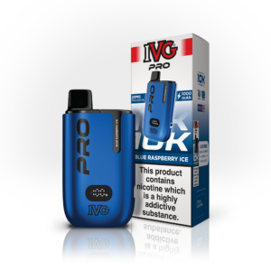 Blue IVG Pro Prefilled Pod Kit with the Blue Raspberry Ice pod fitted and the battery percentage screen lit.