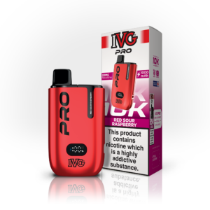 Red IVG Pro Prefilled Pod Kit holding the Red Sour Raspberry pod, shown alongside its printed retail box.