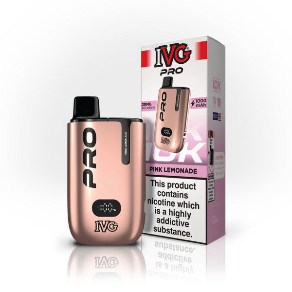 IVG Pro Prefilled Pod Kit Rose gold IVG Pro Prefilled Pod Kit fitted with the Pink Lemonade pod, next to the matching pink IVG Pro box.