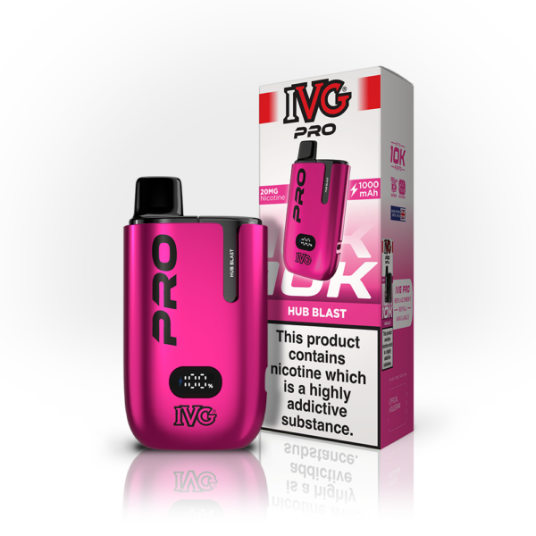 IVG Pro Prefilled Pod Kit Magenta IVG Pro Prefilled Pod Kit holding the Hub Blast pod, shown front-on with its battery display lit.
