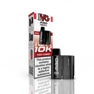 Fizzy Cherry Prefilled Pods by IVG Pro shown beside the red and white IVG Pro Refill box marked 20MG.