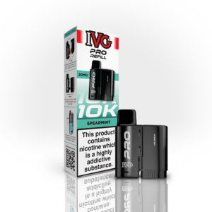 Spearmint Prefilled Pods by IVG Pro pictured with the green IVG Pro Refill carton and the sealed black pod.