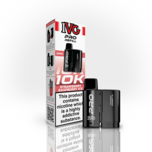 Strawberry Raspberry Ice Prefilled Pods by IVG Pro shown next to the red IVG Pro Refill box and sealed pod.