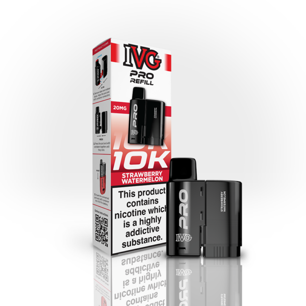 Strawberry Watermelon Prefilled Pods by IVG Pro Strawberry Watermelon Prefilled Pods by IVG Pro with the red and white IVG Pro Refill carton behind the pod.