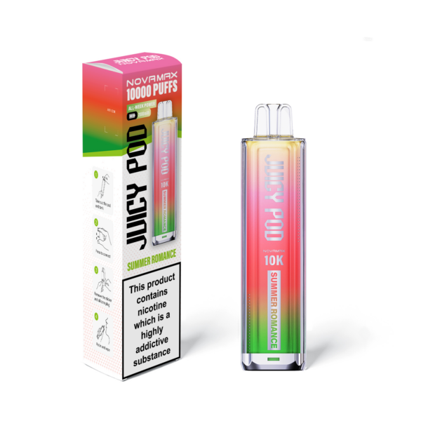 Juicy Pod Novamax 10K Prefilled Vape Kit Juicy Pod Novamax 10K Prefilled Vape Kit, an inhale activated pre-filled pod device shown in its retail packaging
