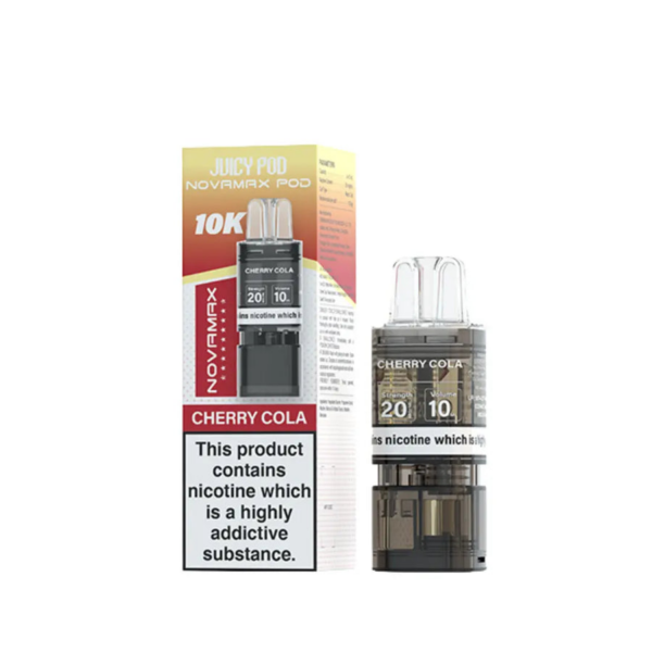 Cherry Cola Prefilled Pod Refill Pack by Juicy Pod Novamax 10K Cherry Cola Prefilled Pod Refill Pack by Juicy Pod Novamax 10K, a sealed refill pack of pre-filled replacement pods