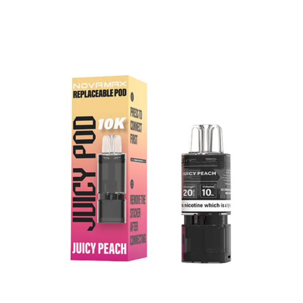 Juicy Peach Prefilled Pod Refill Pack by Juicy Pod Novamax 10K Juicy Peach Prefilled Pod Refill Pack by Juicy Pod Novamax 10K, a sealed pack of pre-filled peach flavour pods