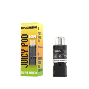 Triple Mango Prefilled Pod Refill Pack by Juicy Pod Novamax 10K, a sealed pack of pre-filled replacement pods