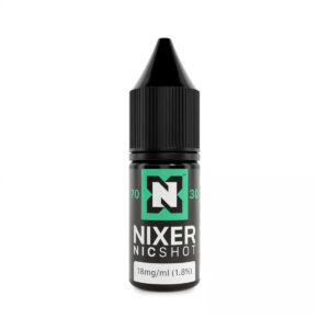 10ml bottle of Nic Shot 18mg by Nixer, showing the unflavoured 70% VG nicotine shot label and brand logo.