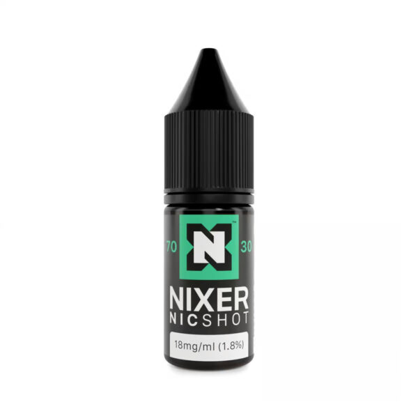 Nic Shot 18mg by Nixer 10ml bottle of Nic Shot 18mg by Nixer, showing the unflavoured 70% VG nicotine shot label and brand logo.