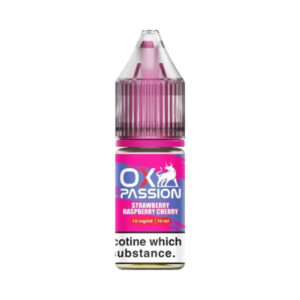 10ml bottle of Strawberry Raspberry Cherry Nic Salt E-Liquid by OXVA OX Passion with red berry label artwork.