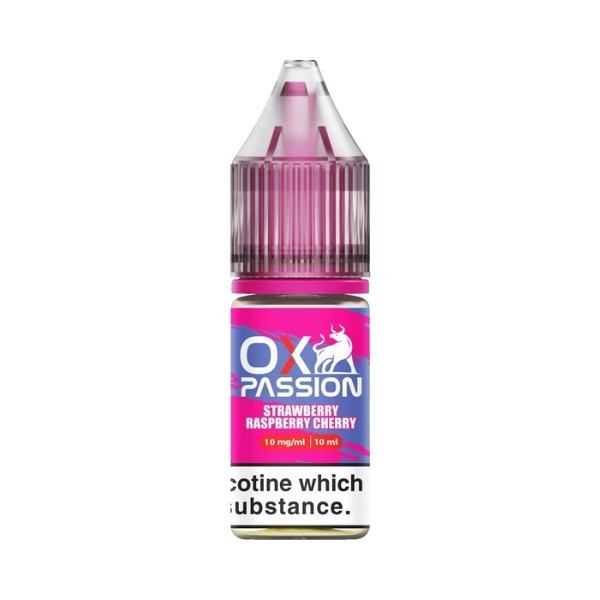 Strawberry Raspberry Cherry Nic Salt E-Liquid by OXVA OX Passion 10ml bottle of Strawberry Raspberry Cherry Nic Salt E-Liquid by OXVA OX Passion with red berry label artwork.