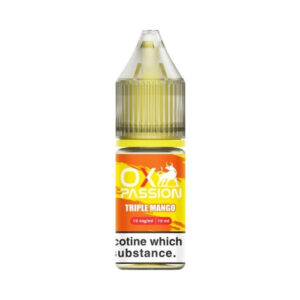 10ml bottle of Triple Mango Nic Salt E-liquid by OXVA OX Passion showing the yellow mango label and 10mg marking.