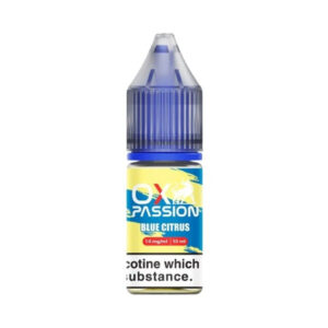 10ml bottle of Blue Citrus Nic Salt E-liquid by OXVA OX Passion with blue label artwork and 10mg marking.