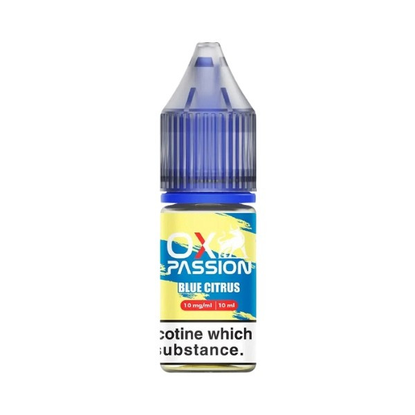 Blue Citrus Nic Salt E-liquid by OXVA OX Passion 10ml bottle of Blue Citrus Nic Salt E-liquid by OXVA OX Passion with blue label artwork and 10mg marking.