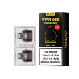 Two OXVA VPrime Replacement Pods from the 2 Pack, showing the mesh coil through the clear pod body.