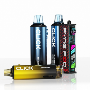 Pyne Pod Click 50K Vape Kit devices in blue, gold and black, showing the CLICK body and clear side panel