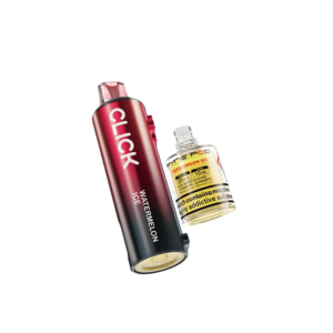 Watermelon Ice Prefilled Pod Refill Pack by Pyne Pod Click, red pod beside a clear 10ml refill bottle