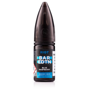 10ml bottle of Blue Raspberry Nic Salt E-Liquid by Riot BAR EDTN - SAMPLE with blue label artwork.