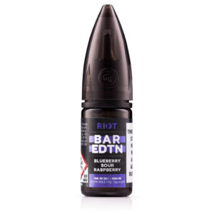 10ml bottle of Blueberry Sour Raspberry Nic Salt E-Liquid by Riot BAR EDTN - SAMPLE with berry artwork.