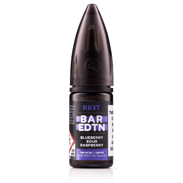 Blueberry Sour Raspberry Nic Salt E-Liquid by Riot BAR EDTN - SAMPLE 10ml bottle of Blueberry Sour Raspberry Nic Salt E-Liquid by Riot BAR EDTN - SAMPLE with berry artwork.