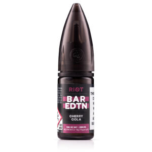10ml bottle of Cherry Cola Nic Salt E-Liquid by Riot BAR EDTN - SAMPLE with dark red label artwork.