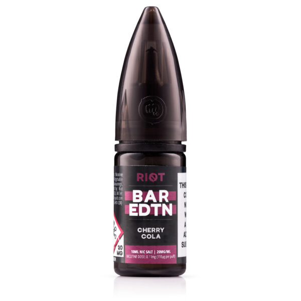 Cherry Cola Nic Salt E-Liquid by Riot BAR EDTN - SAMPLE 10ml bottle of Cherry Cola Nic Salt E-Liquid by Riot BAR EDTN - SAMPLE with dark red label artwork.