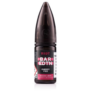 10ml bottle of Cherry Fizz Nic Salt E-Liquid by Riot BAR EDTN - SAMPLE with bright cherry artwork.