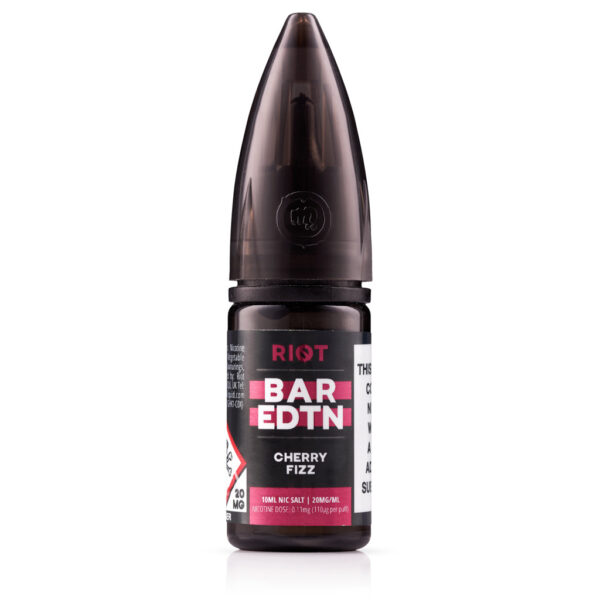 Cherry Fizz Nic Salt E-Liquid by Riot BAR EDTN - SAMPLE 10ml bottle of Cherry Fizz Nic Salt E-Liquid by Riot BAR EDTN - SAMPLE with bright cherry artwork.