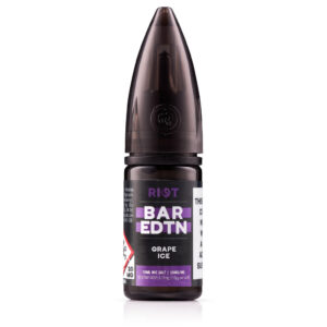 10ml bottle of Grape Ice Nic Salt E-Liquid by Riot BAR EDTN - SAMPLE with purple label artwork.