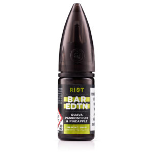 10ml bottle of Guava, Passionfruit & Pineapple Nic Salt E-Liquid by Riot BAR EDTN - SAMPLE, 20mg on the label.