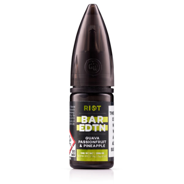 Guava, Passionfruit & Pineapple Nic Salt E-Liquid by Riot BAR EDTN - SAMPLE 10ml bottle of Guava, Passionfruit & Pineapple Nic Salt E-Liquid by Riot BAR EDTN - SAMPLE, 20mg on the label.