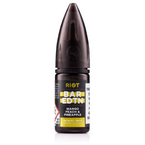 10ml bottle of Mango Peach & Pineapple Nic Salt E-Liquid by Riot BAR EDTN - SAMPLE, shown front on with 20mg label.