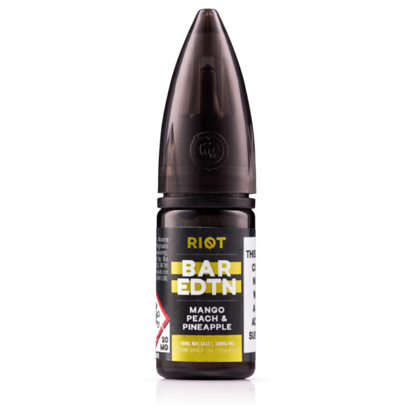 Mango Peach & Pineapple Nic Salt E-Liquid by Riot BAR EDTN - SAMPLE 10ml bottle of Mango Peach & Pineapple Nic Salt E-Liquid by Riot BAR EDTN - SAMPLE, shown front on with 20mg label.