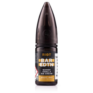 10ml bottle of Mango Vanilla Ice Cream Nic Salt E-Liquid by Riot BAR EDTN - SAMPLE with 20mg strength marking.