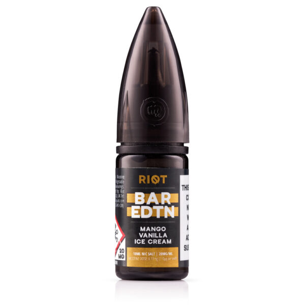 Mango Vanilla Ice Cream Nic Salt E-Liquid by Riot BAR EDTN - SAMPLE 10ml bottle of Mango Vanilla Ice Cream Nic Salt E-Liquid by Riot BAR EDTN - SAMPLE with 20mg strength marking.