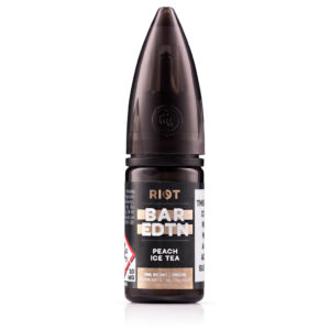 10ml bottle of Peach Ice Tea Nic Salt E-Liquid by Riot BAR EDTN - SAMPLE, peach coloured label with 20mg marking.