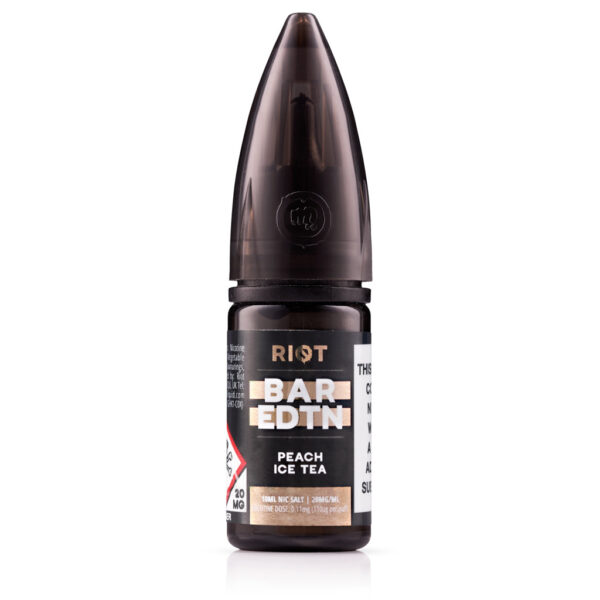 Peach Ice Tea Nic Salt E-Liquid by Riot BAR EDTN - SAMPLE 10ml bottle of Peach Ice Tea Nic Salt E-Liquid by Riot BAR EDTN - SAMPLE, peach coloured label with 20mg marking.