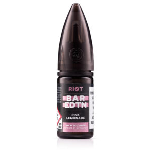 10ml bottle of Pink Lemonade Nic Salt E-Liquid by Riot BAR EDTN - SAMPLE, pink label with the 20mg strength shown.