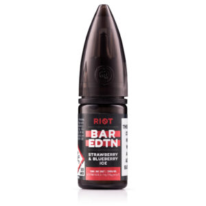 10ml bottle of Strawberry & Blueberry Ice Nic Salt E-Liquid by Riot BAR EDTN - SAMPLE with 20mg on the label.