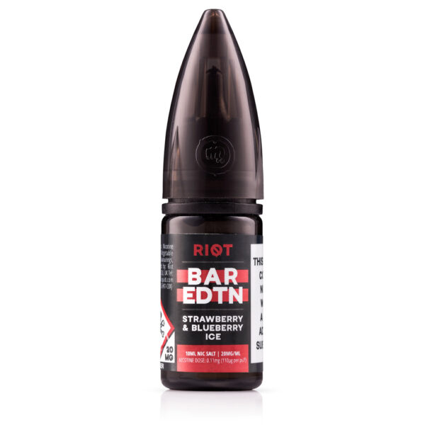 Strawberry & Blueberry Ice Nic Salt E-Liquid by Riot BAR EDTN - SAMPLE 10ml bottle of Strawberry & Blueberry Ice Nic Salt E-Liquid by Riot BAR EDTN - SAMPLE with 20mg on the label.