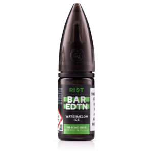 10ml bottle of Watermelon Ice Nic Salt E-Liquid by Riot BAR EDTN - SAMPLE, pink and green label shown front on.