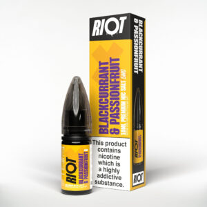 10ml bottle of Blackcurrant Passionfruit Nic Salt E-Liquid by Riot X with dark berry label artwork.
