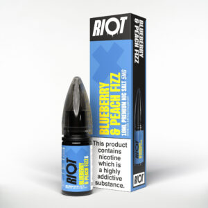 10ml bottle of Blueberry Peach Fizz Nic Salt E-Liquid by Riot X showing the peach and blueberry label artwork.