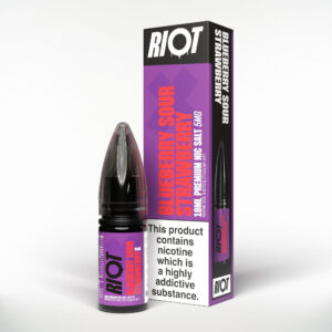 10ml bottle of Blueberry Sour Strawberry Nic Salt E-Liquid by Riot X with berry label artwork.