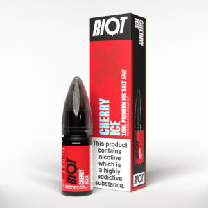 10ml bottle of Cherry Ice Nic Salt E-Liquid by Riot X with deep red cherry artwork and strength label.