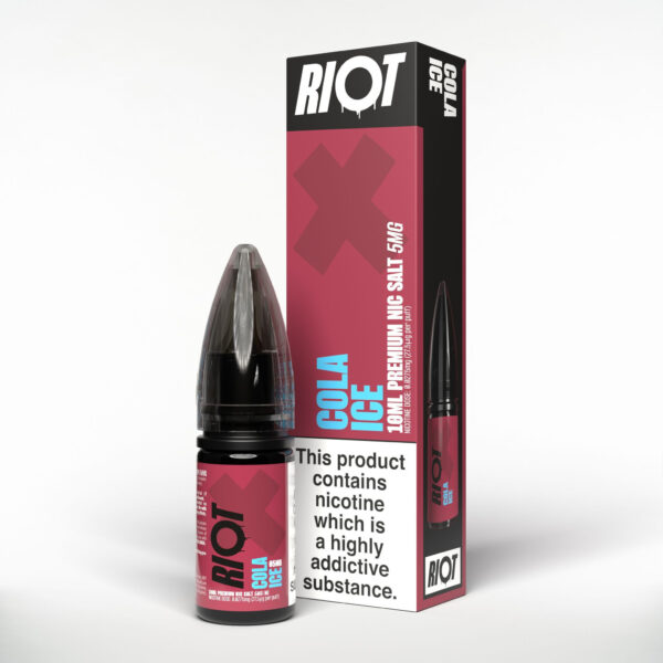 Cola Ice Nic Salt E-Liquid by Riot X 10ml bottle of Cola Ice Nic Salt E-Liquid by Riot X showing the cola label artwork and nicotine strength marking.