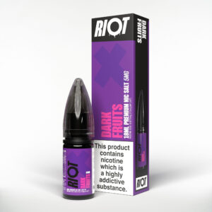 10ml bottle of Dark Fruits Nic Salt E-Liquid by Riot X showing the dark berry label artwork and strength marking.