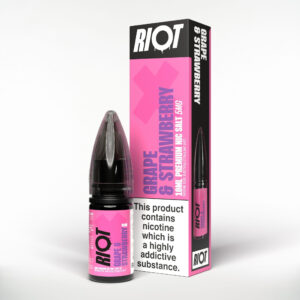 10ml bottle of Grape Strawberry Nic Salt E-Liquid by Riot X showing grape and strawberry label artwork.